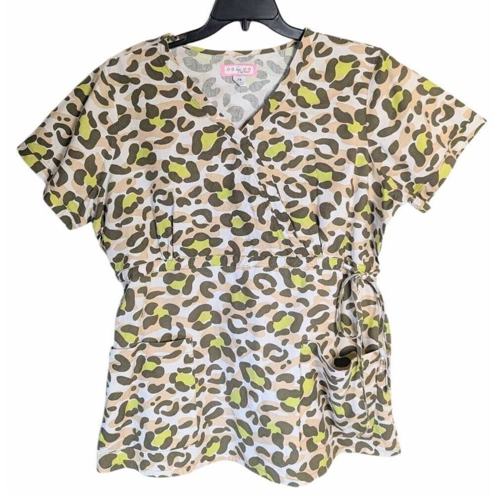 Koi green cream camo animal leopard tie waist cotton scrub top womens 2X